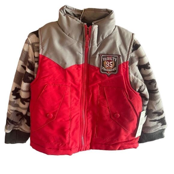 WonderKids layered coat vest zip in NEW 3T NWT grey camo fleece - Picture 1 of 14